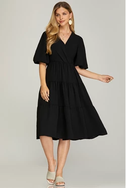 Solid Balloon Sleeve Tiered Wrap Midi Dress