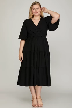 Solid Balloon Sleeve Tiered Wrap Midi Dress