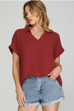 Solid Drop Shoulder Collared Woven Top