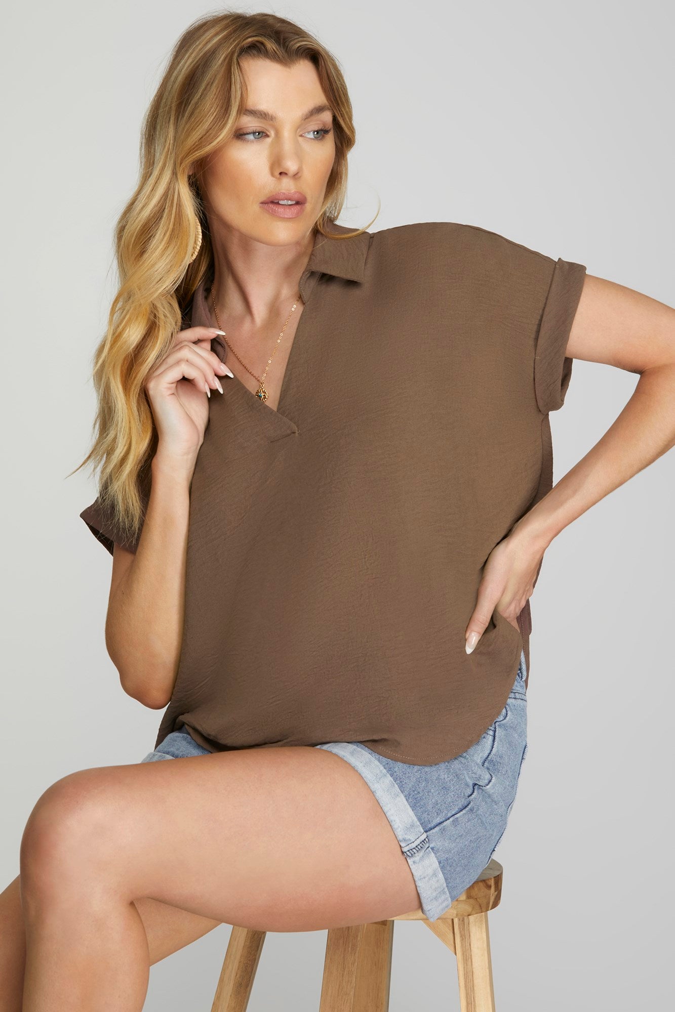 Solid Drop Shoulder Collared Woven Top