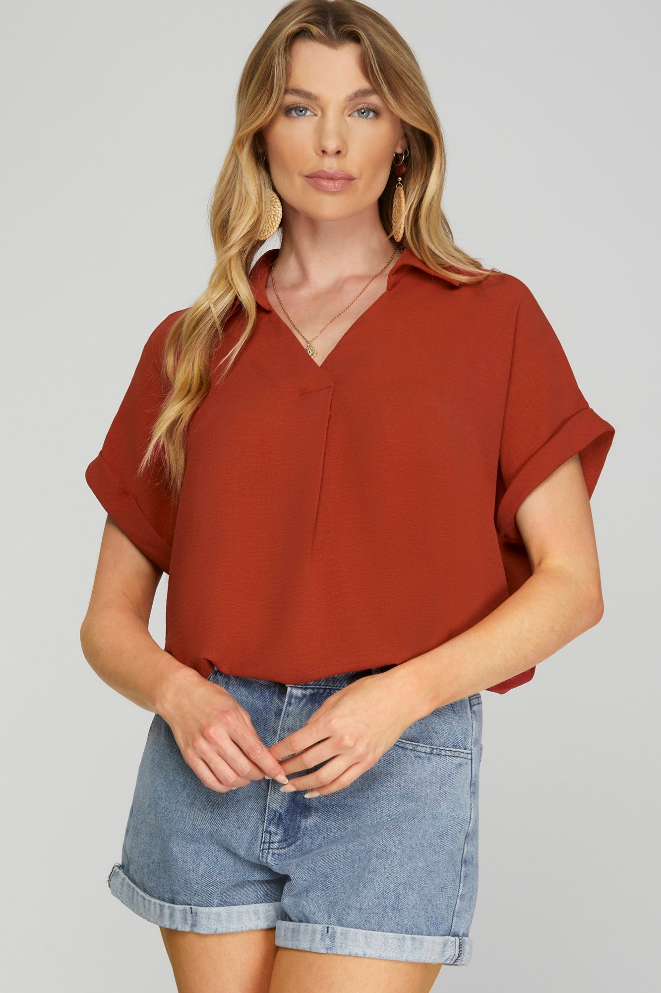 Solid Drop Shoulder Collared Woven Top