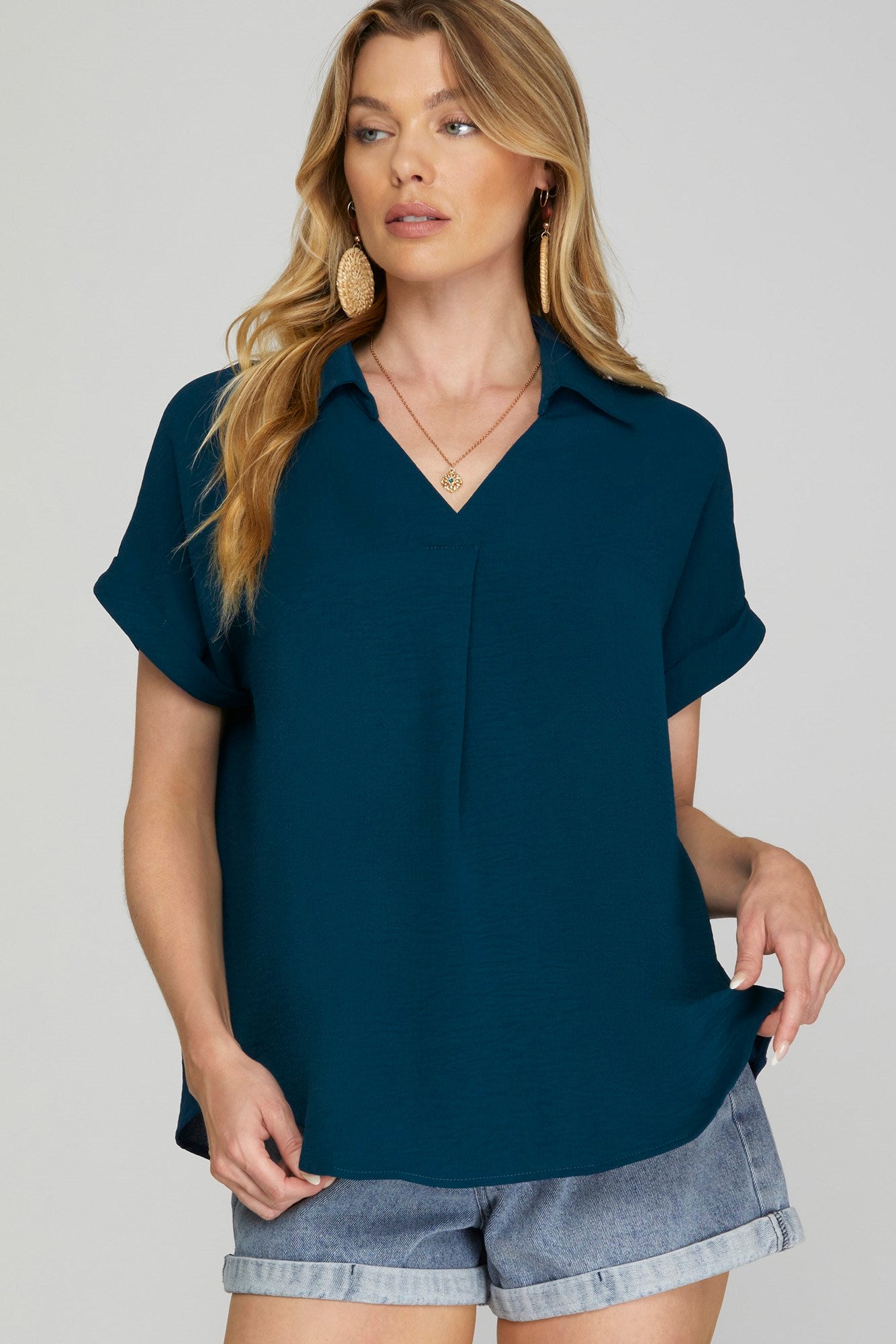 Solid Drop Shoulder Collared Woven Top