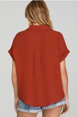 Solid Drop Shoulder Collared Woven Top