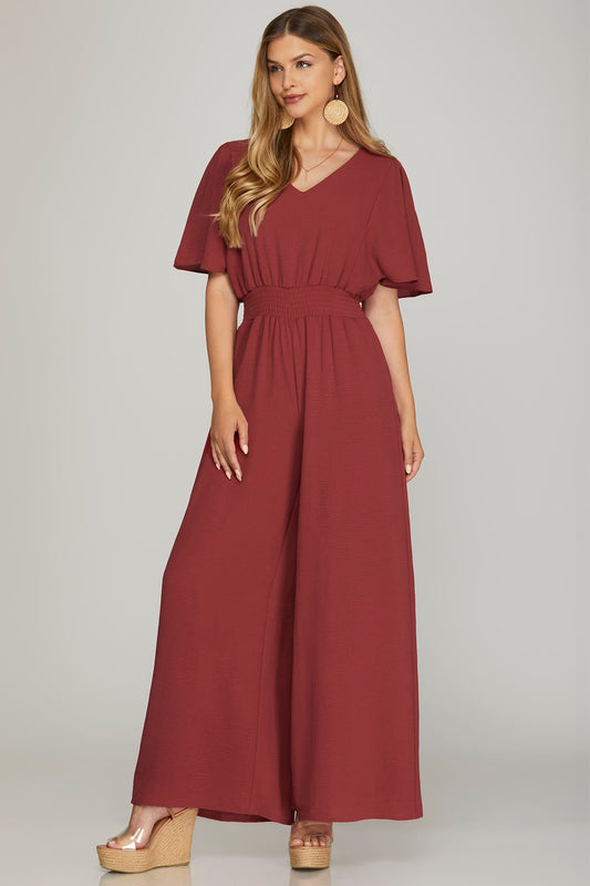 Solid V-Neck Smock Waist Flounce Sleeve Jumpsuit