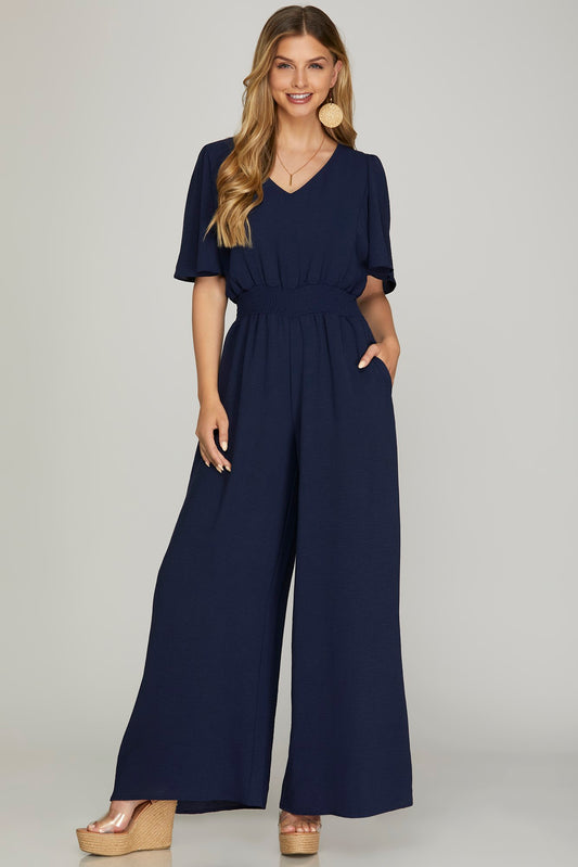 Solid V-Neck Smock Waist Flounce Sleeve Jumpsuit