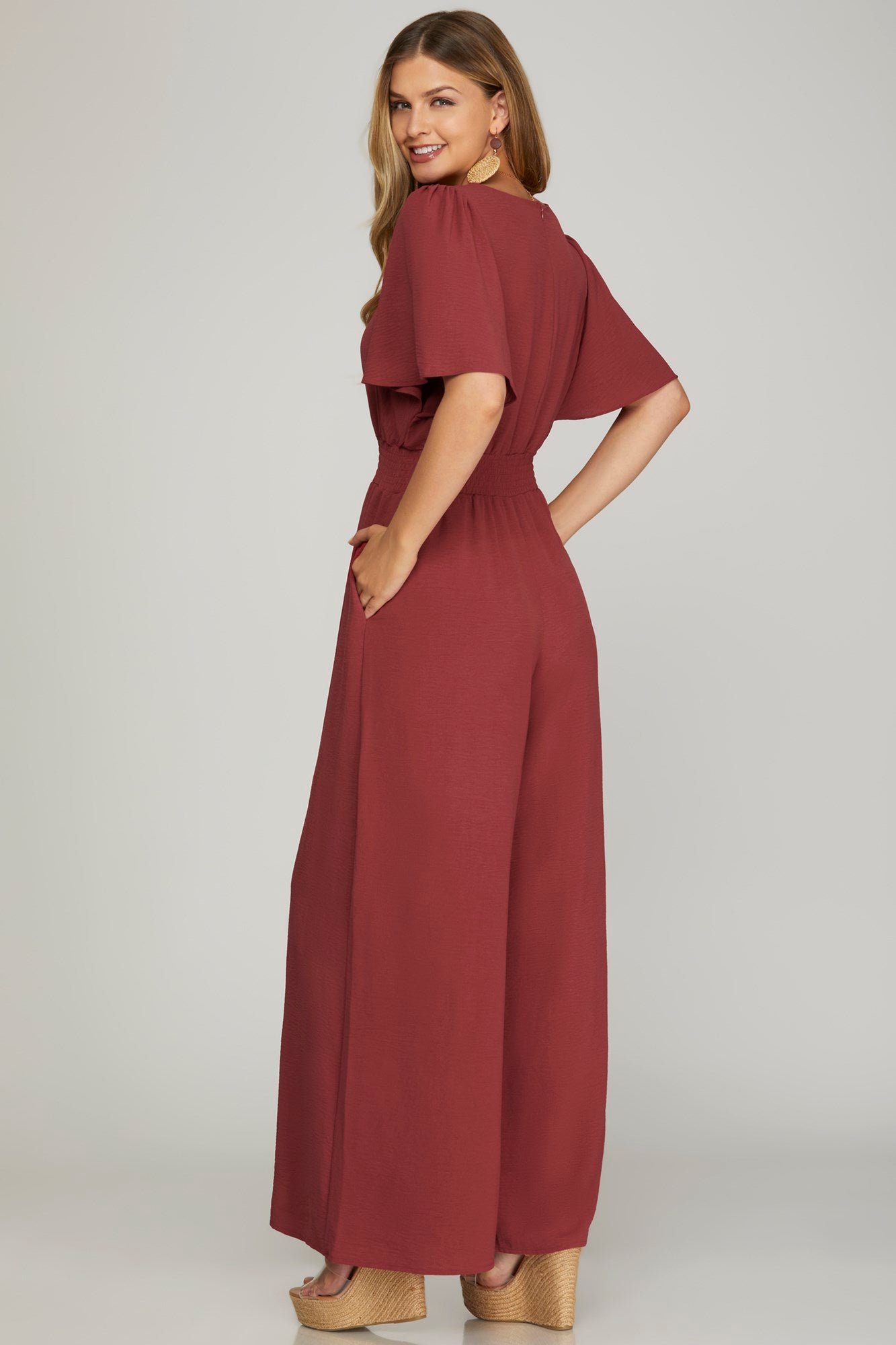 Solid V-Neck Smock Waist Flounce Sleeve Jumpsuit