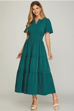 Solid 1/2 Sleeve Elastic Waist Tiered Maxi Dress-Fall