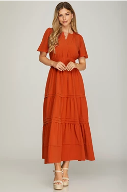 Solid 1/2 Sleeve Elastic Waist Tiered Maxi Dress-Fall