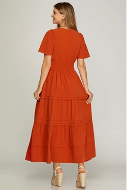 Solid 1/2 Sleeve Elastic Waist Tiered Maxi Dress-Fall