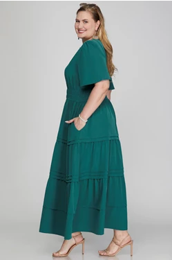 Solid 1/2 Sleeve Elastic Waist Tiered Maxi Dress-Fall