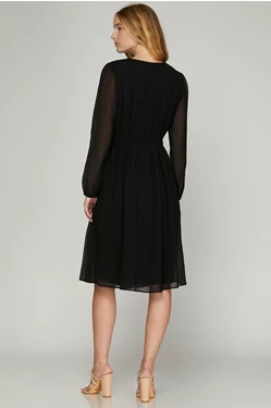 Long Sleeve Pleated Midi Dress W/ Tie Belt - Black