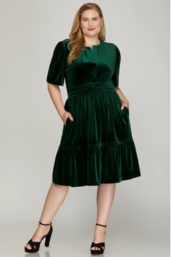 Velvet Bell Sleeve Pintucked Dress - Sea Green