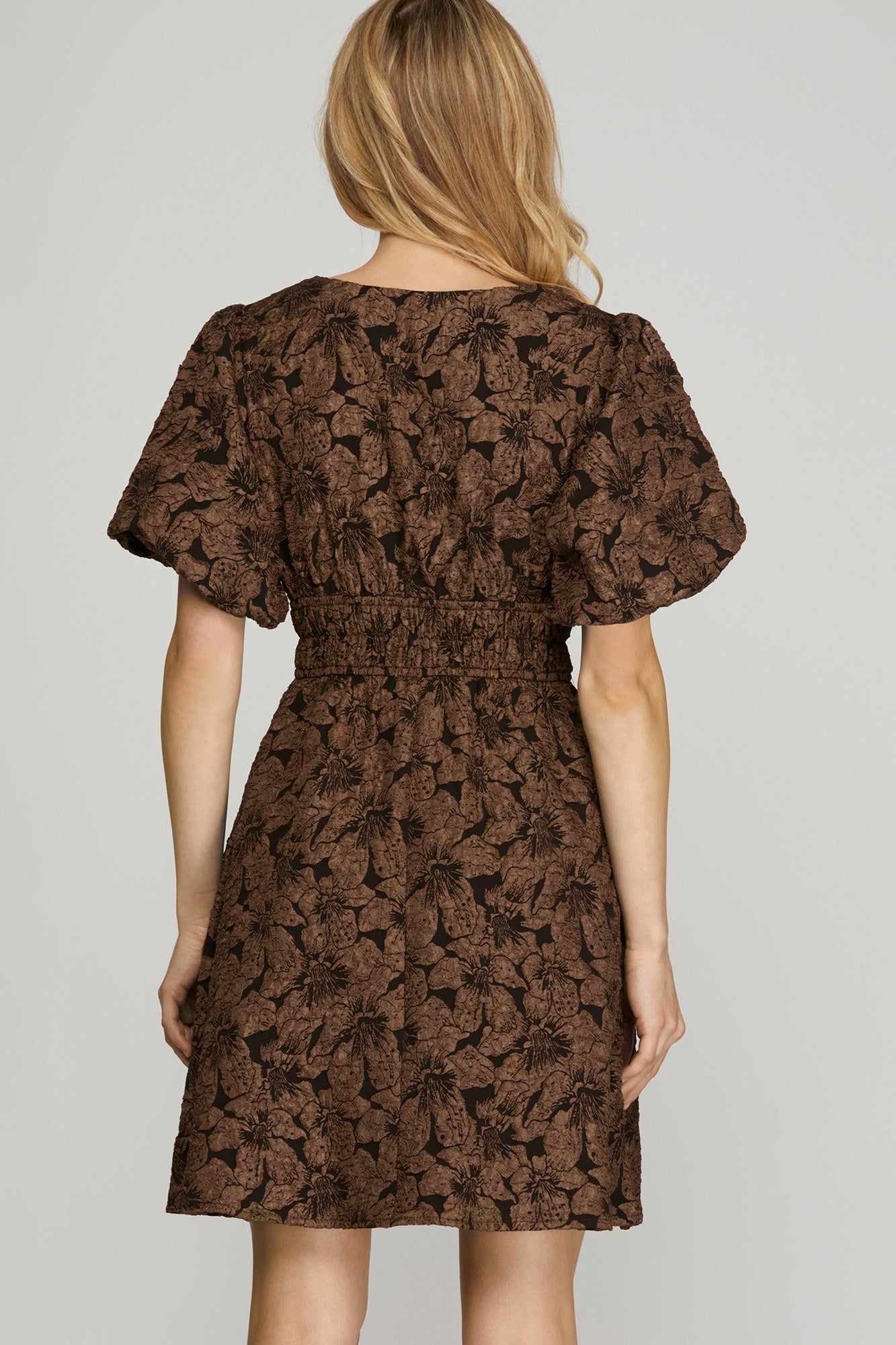 Floral Balloon Sleeve Jacquard Dress - Brown