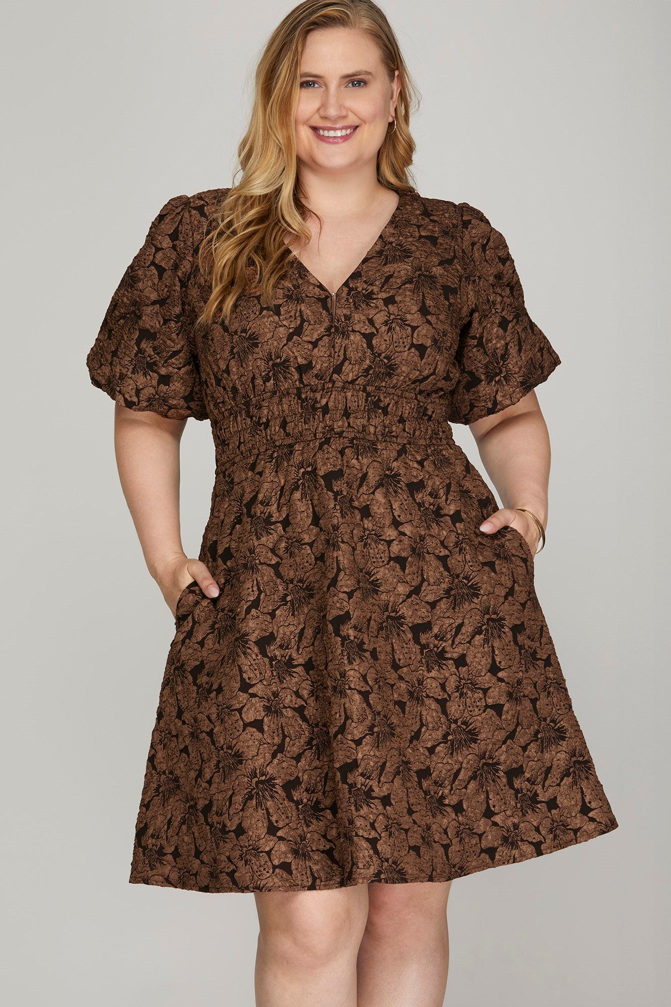 Floral Balloon Sleeve Jacquard Dress - Brown