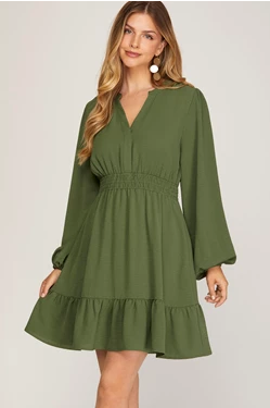 Solid V-Neck Long Sleeve Gathered Waist Dress