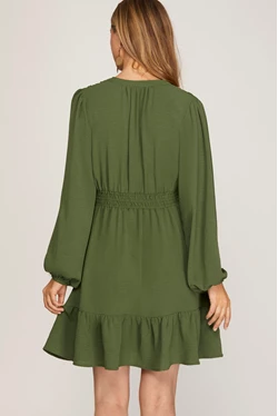 Solid V-Neck Long Sleeve Gathered Waist Dress