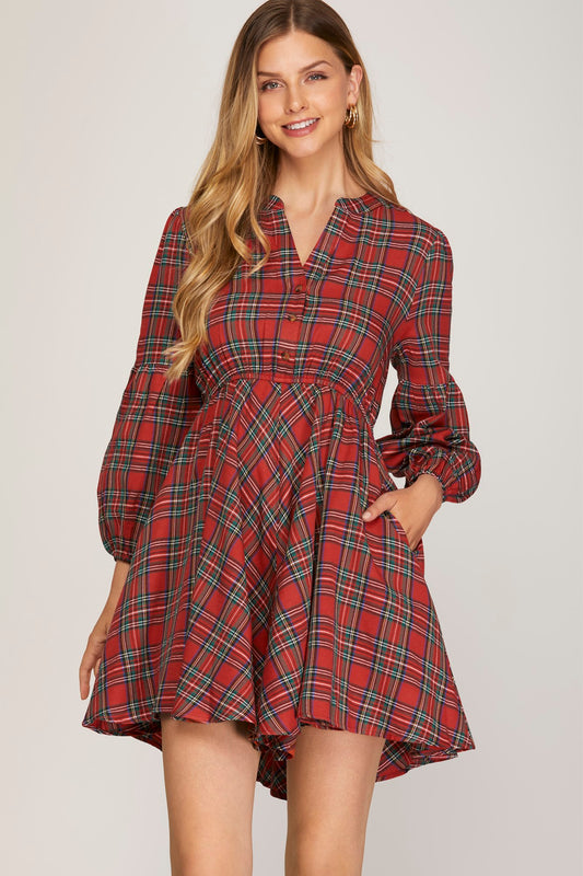 Plaid Button Detail Long Balloon Sleeve Dress - Red