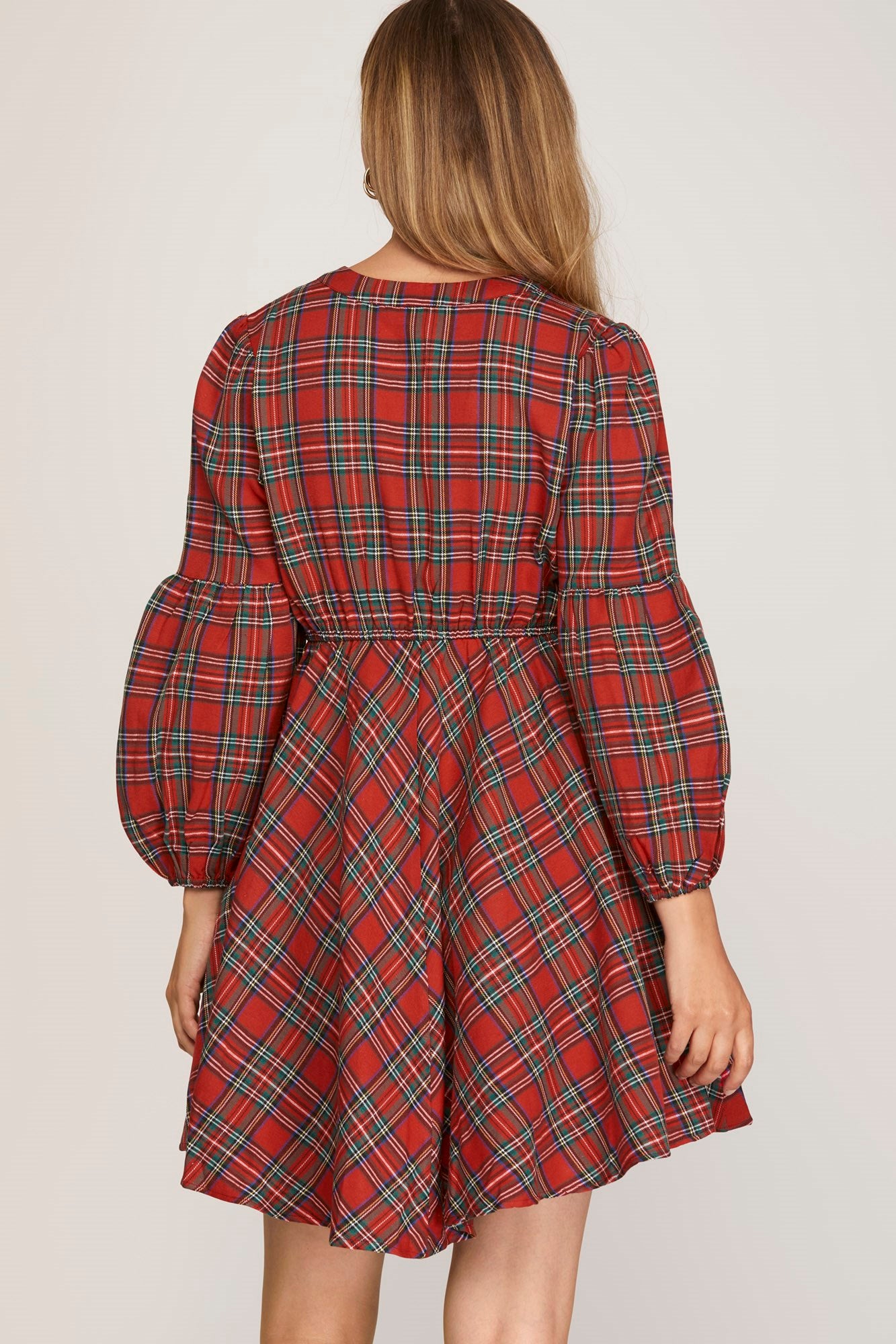 Plaid Button Detail Long Balloon Sleeve Dress - Red