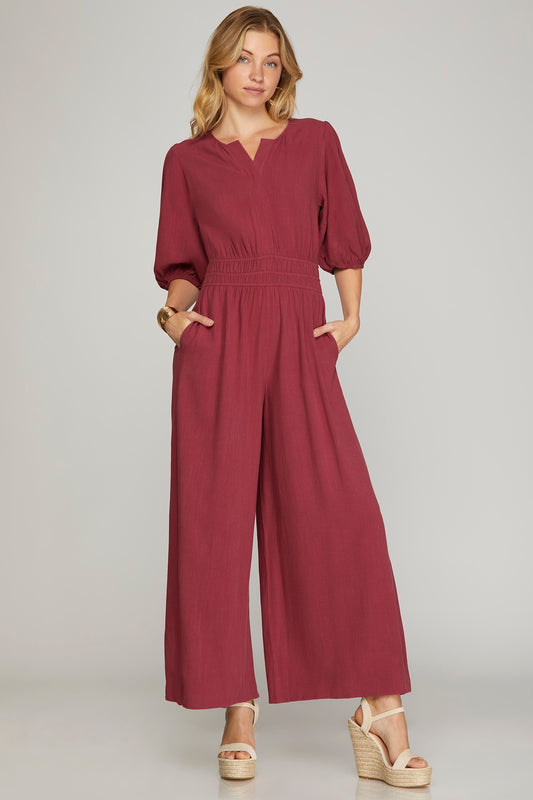 Solid 1/2 Sleeve Smocked Waist Jumpsuit - Berry