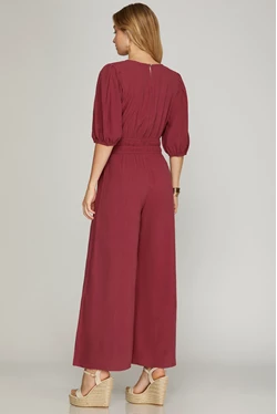 Solid 1/2 Sleeve Smocked Waist Jumpsuit - Berry