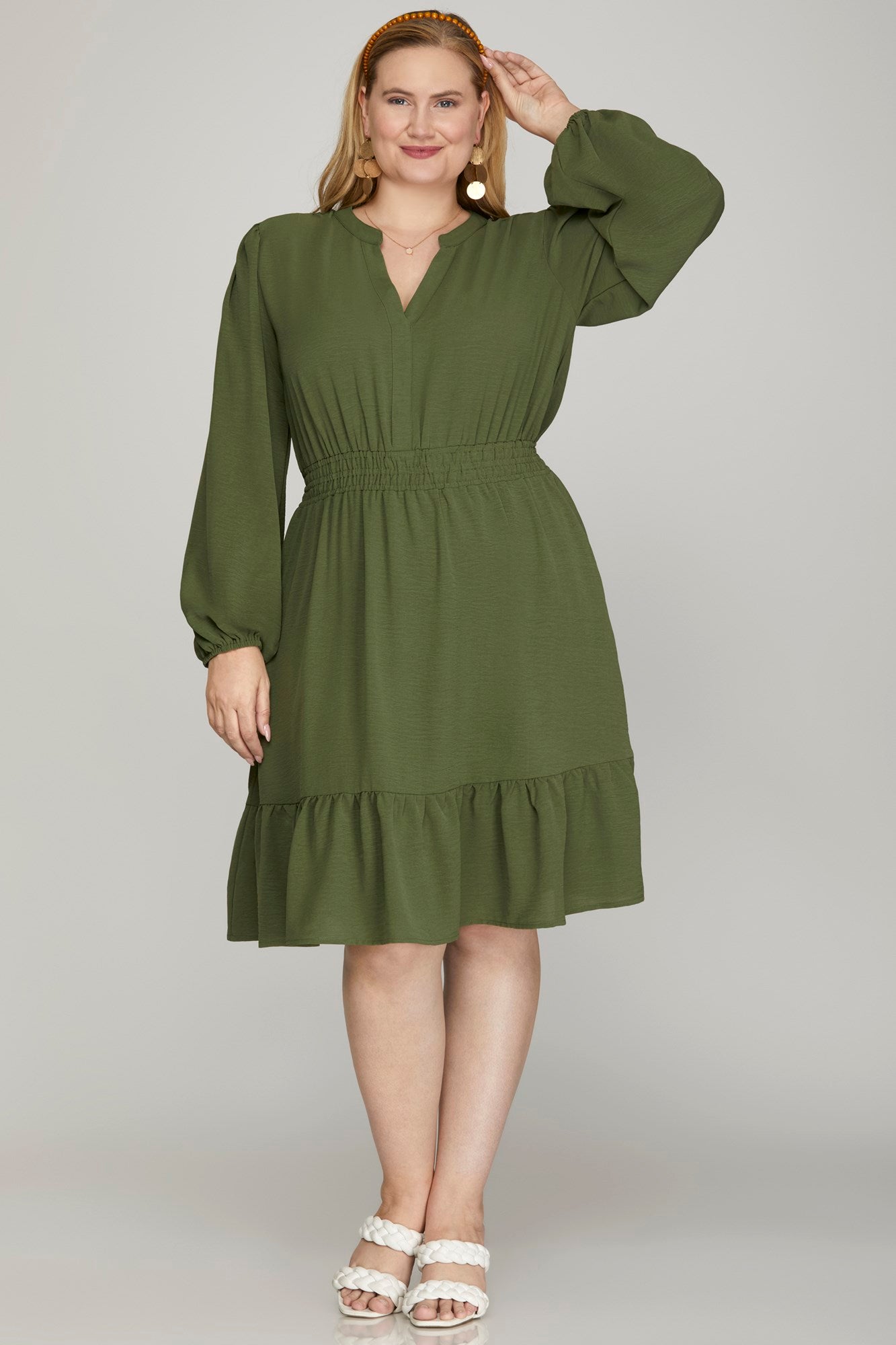 Solid V-Neck Long Sleeve Gathered Waist Dress
