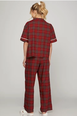 Plaid Pajama Short Sleeve Top And Pants Set - Red