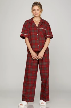 Plaid Pajama Short Sleeve Top And Pants Set - Red