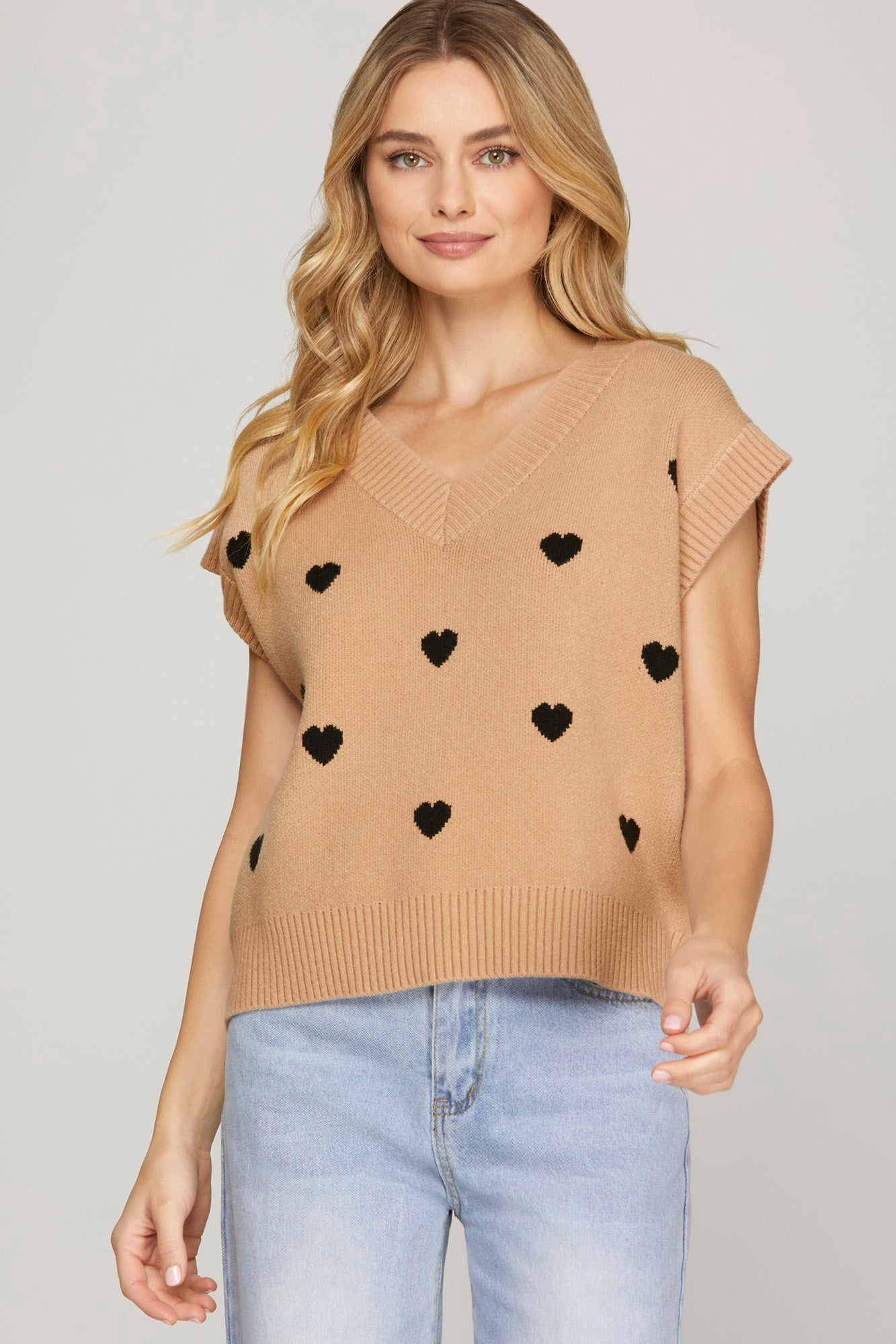 V-Neck Heart Sweater Vest-Taupe