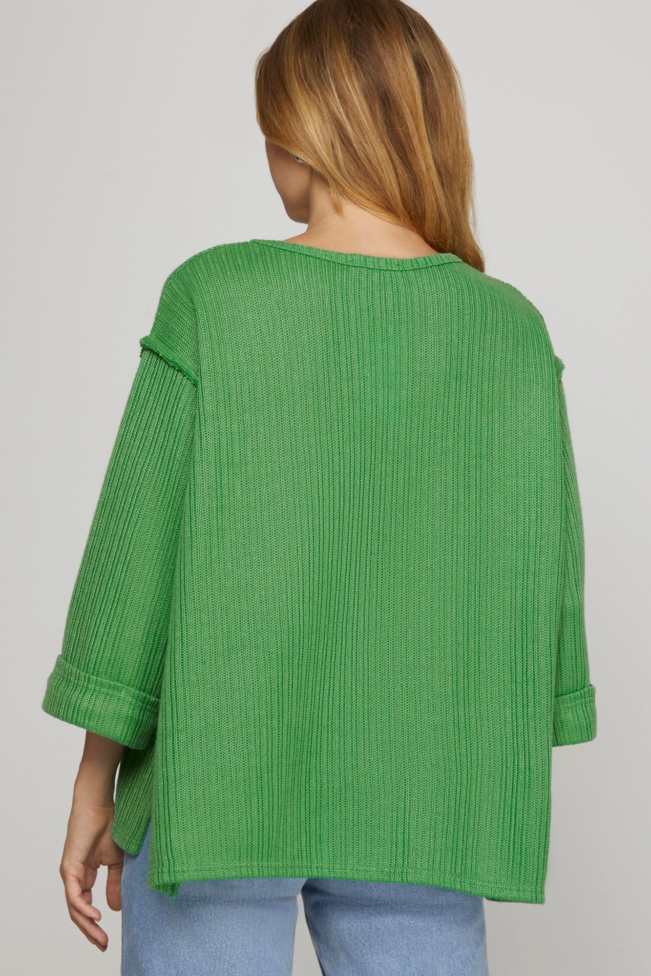 Solid Ribbed 3/4 Folded Sleeve Top