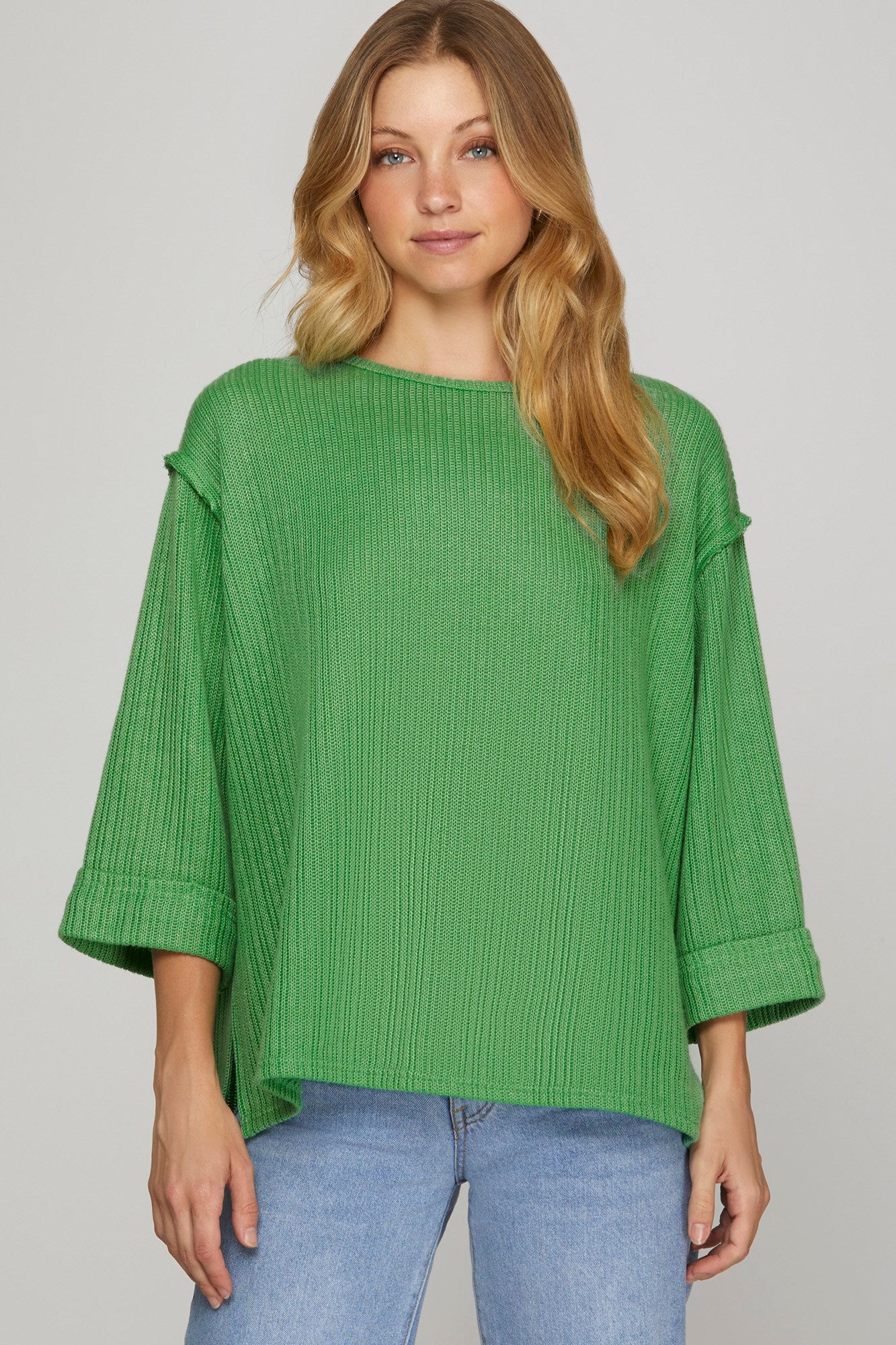 Solid Ribbed 3/4 Folded Sleeve Top