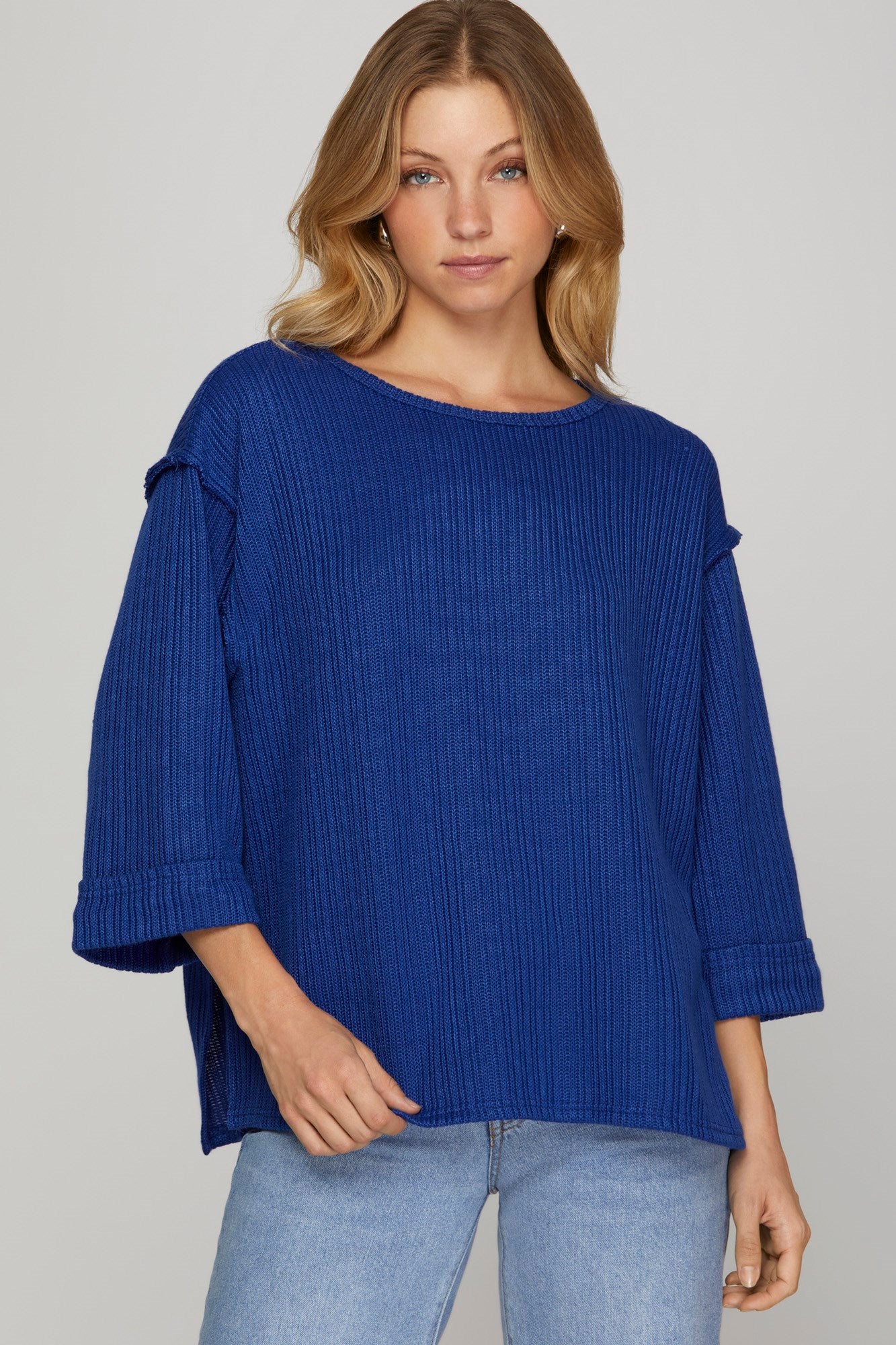 Solid Ribbed 3/4 Folded Sleeve Top