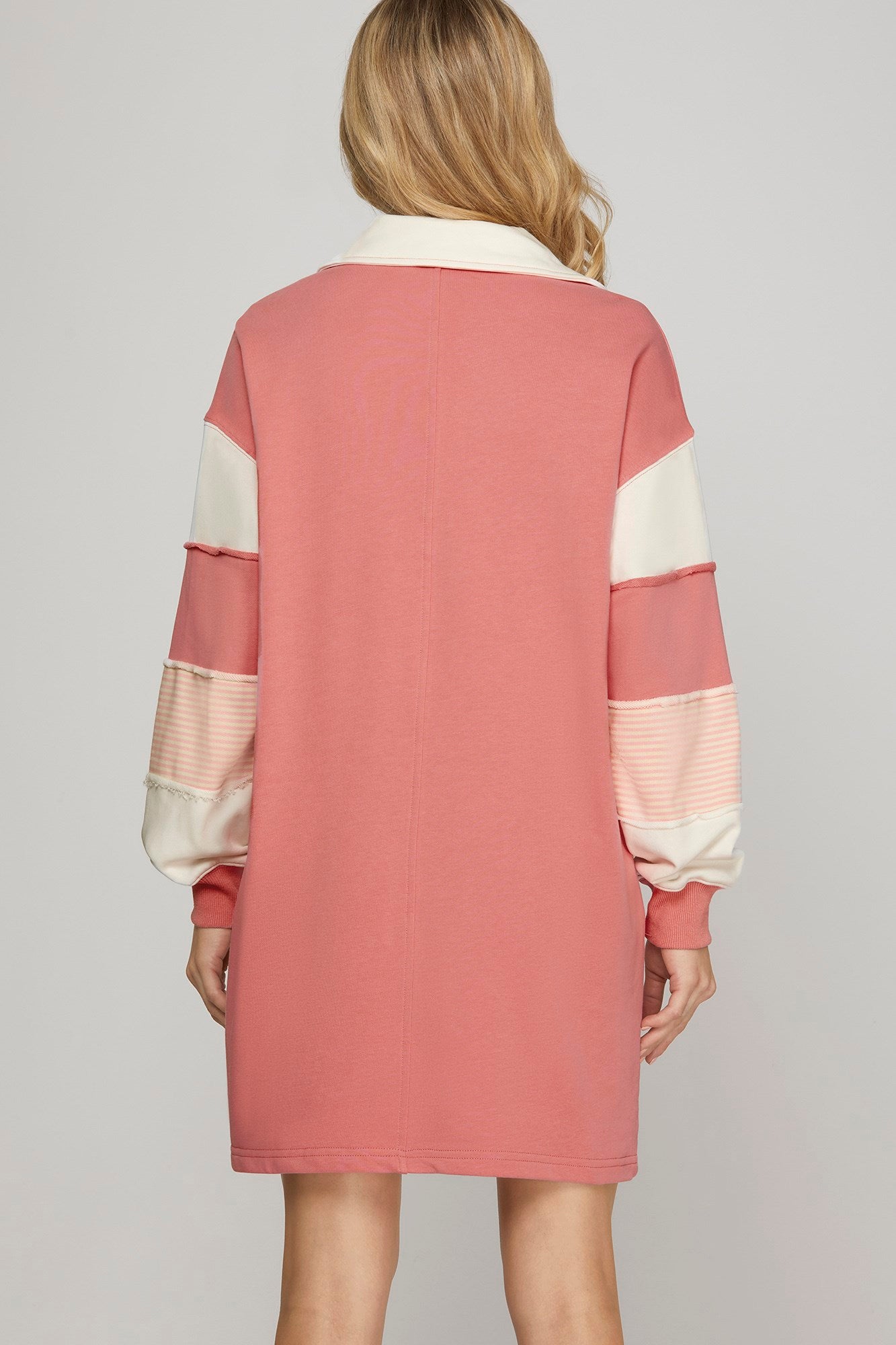 Color Block Long Sleeve V-Neck Collared Dress-Rose