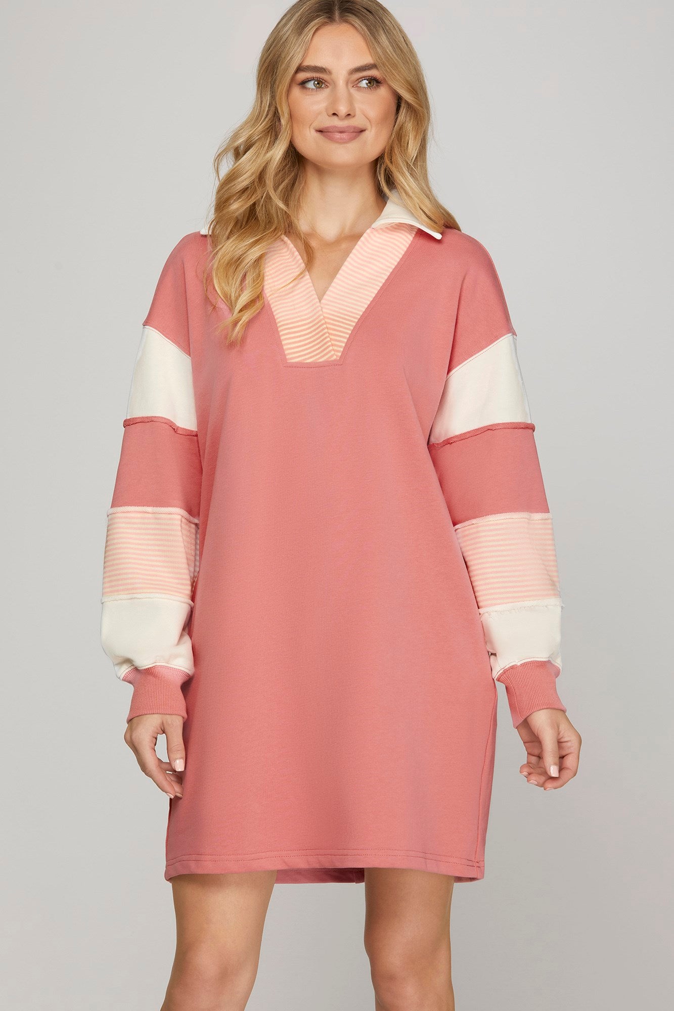 Color Block Long Sleeve V-Neck Collared Dress-Rose