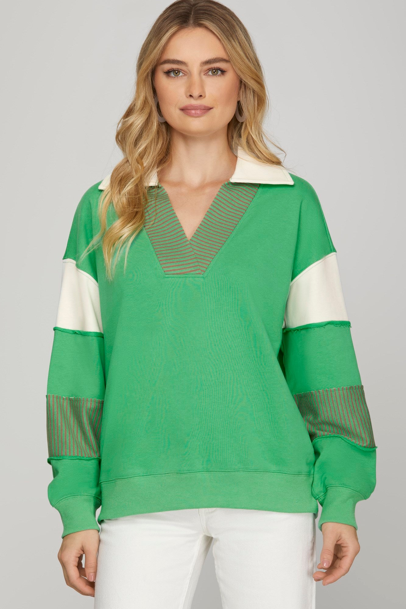 Color Block Sleeve V-Neck Collared Sweatshirt