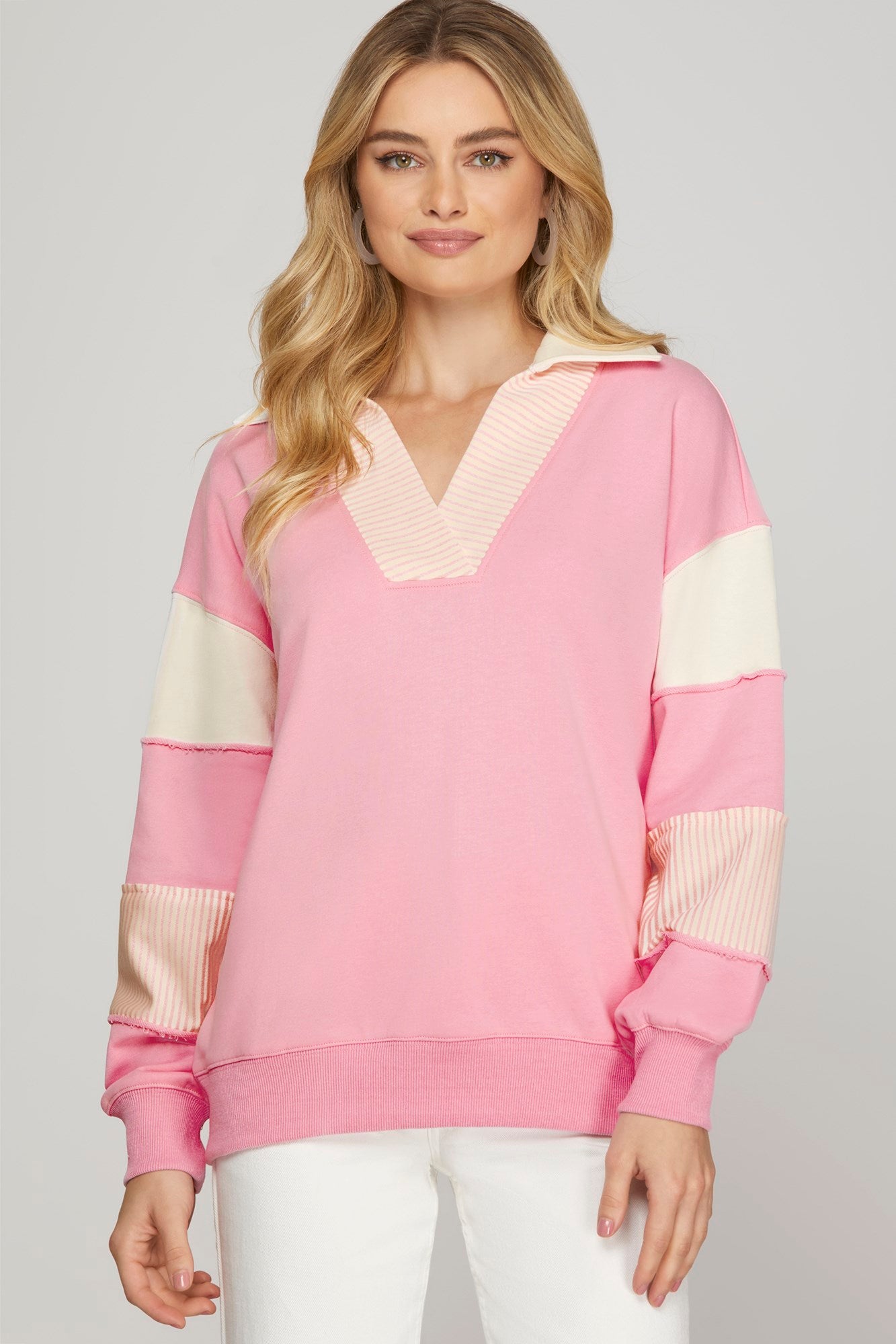 Color Block Sleeve V-Neck Collared Sweatshirt