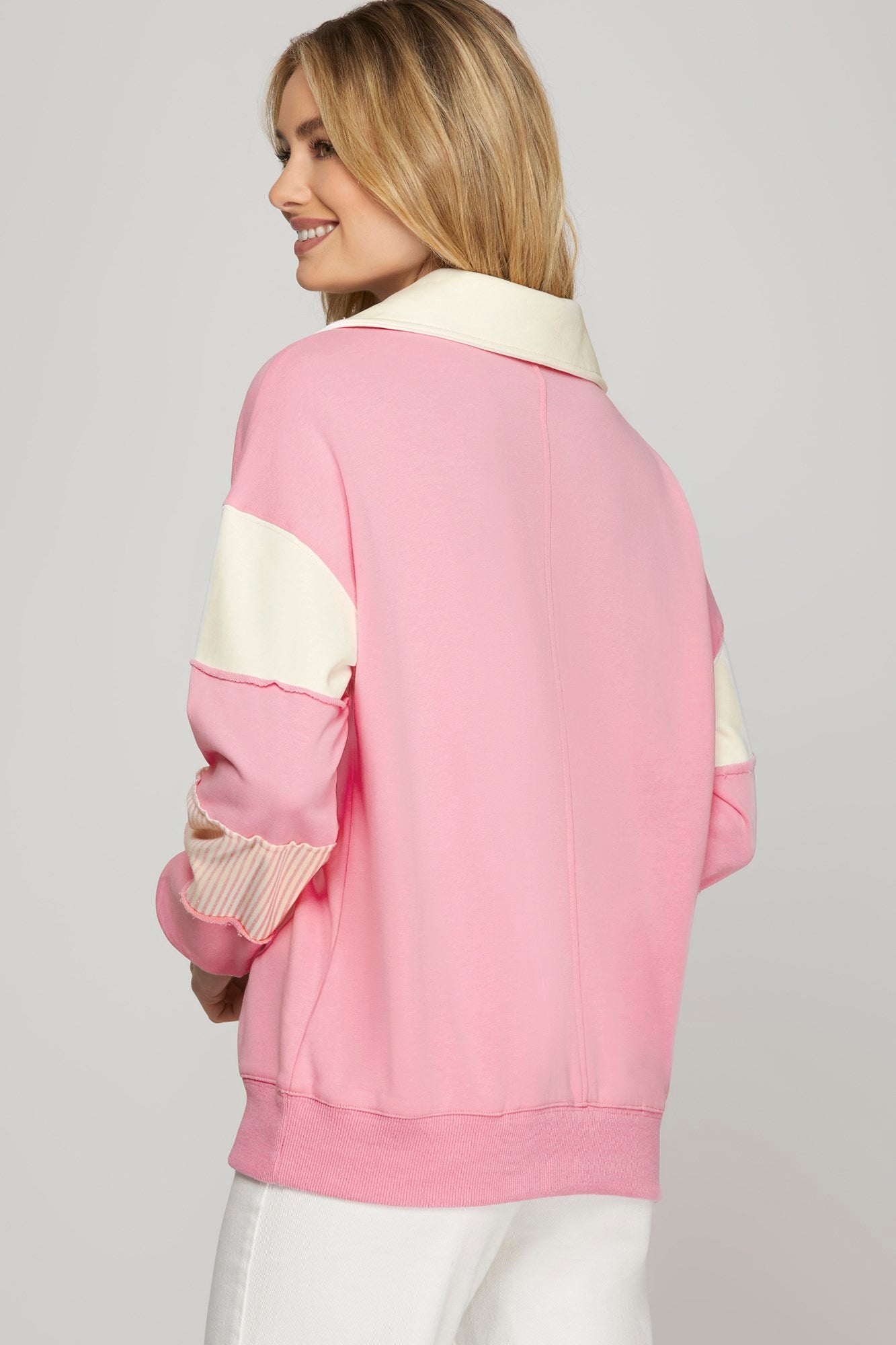 Color Block Sleeve V-Neck Collared Sweatshirt