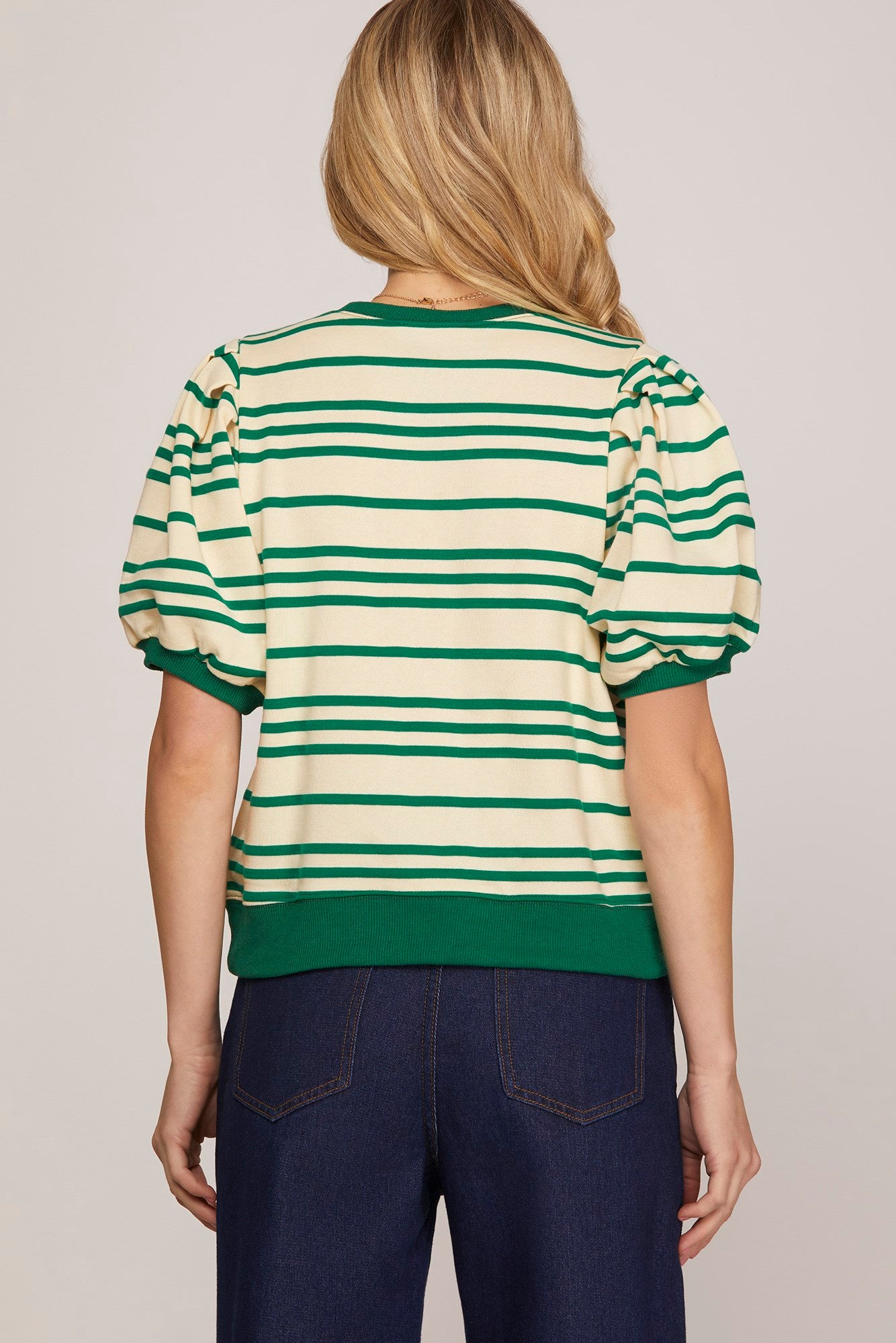 Striped Puff Sleeve Half Button Top