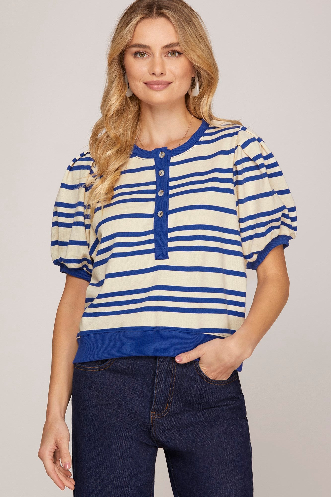 Striped Puff Sleeve Half Button Top