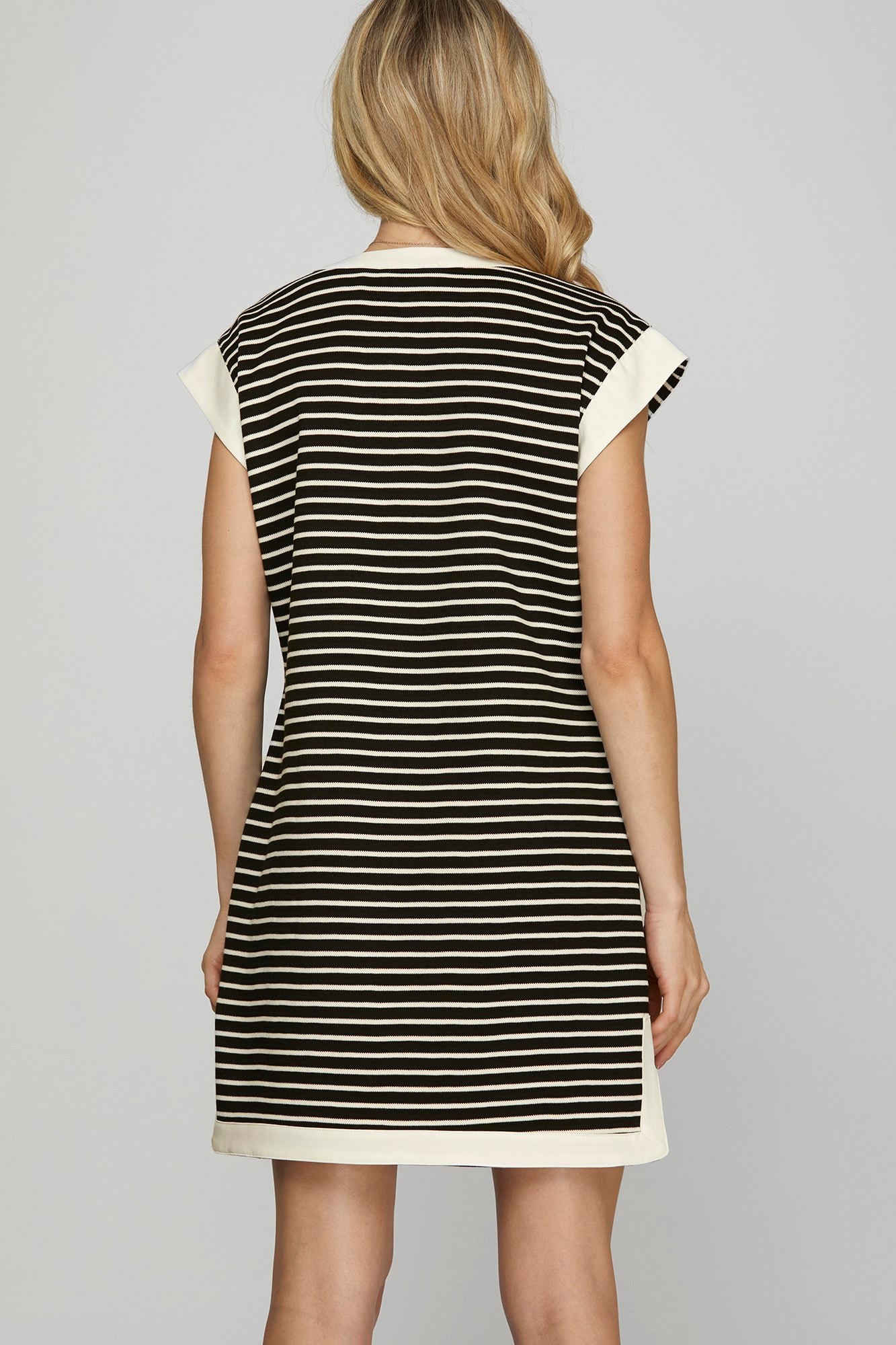 Striped Dress w/Contrast Band Trim-Black