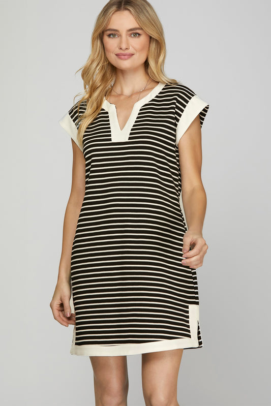 Striped Dress w/Contrast Band Trim-Black