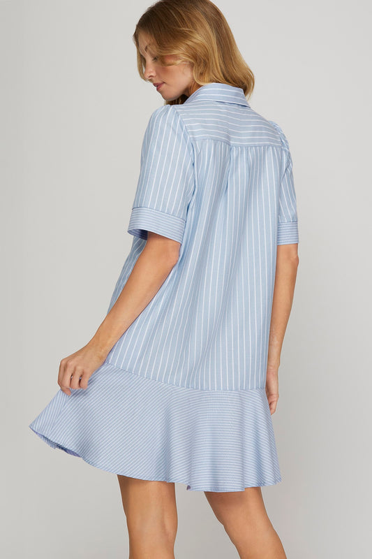 Multi Striped Button Down Collared Dress- Blue