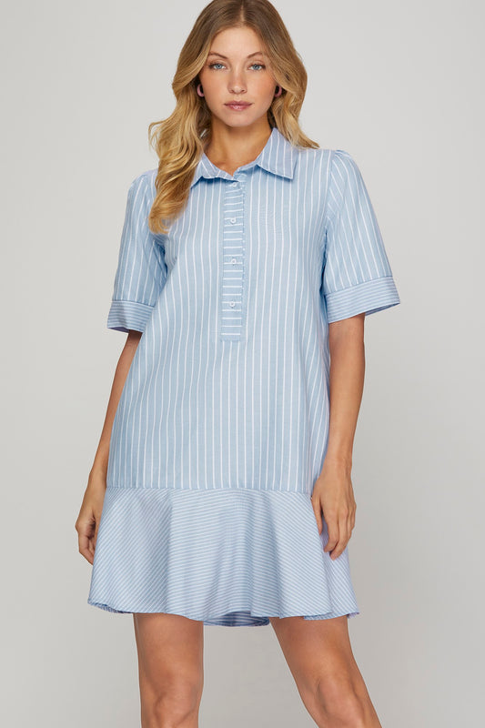 Multi Striped Button Down Collared Dress- Blue