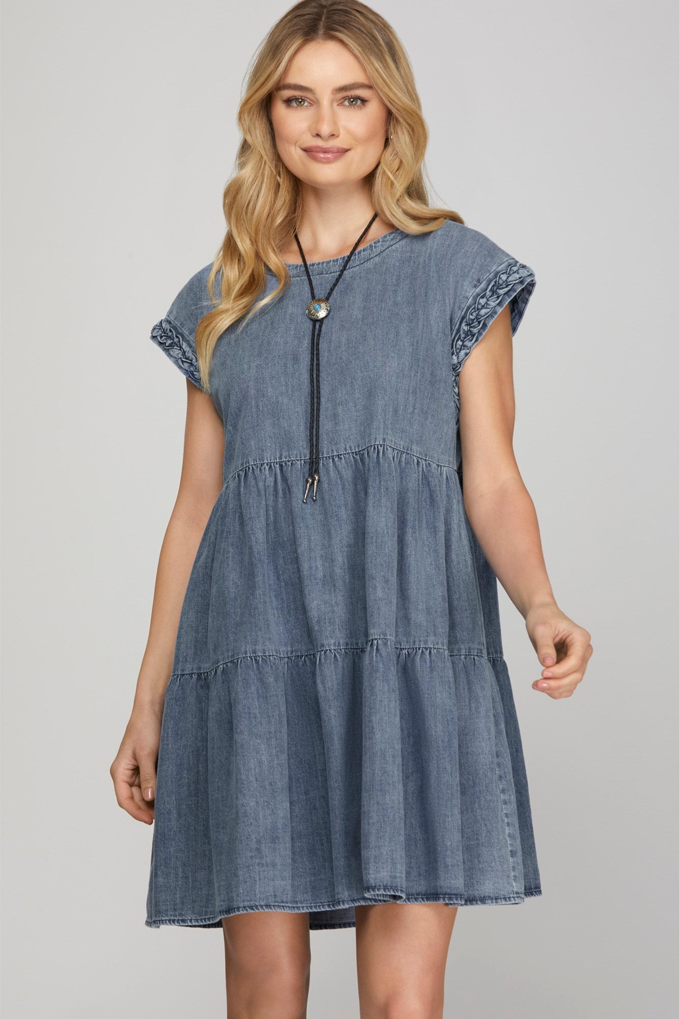 Cap Sleeve Braided Trim Tiered Denim Dress