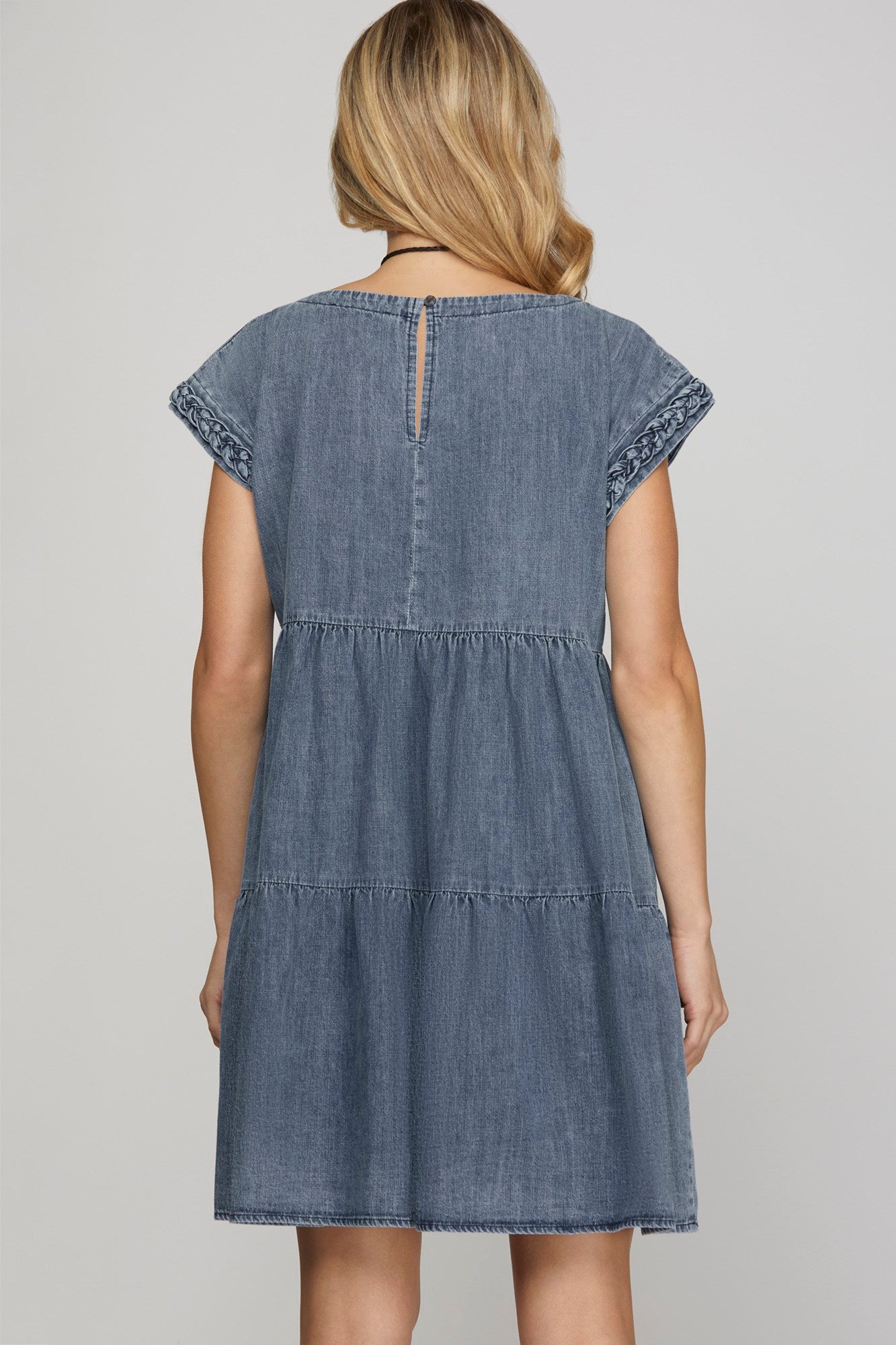 Cap Sleeve Braided Trim Tiered Denim Dress