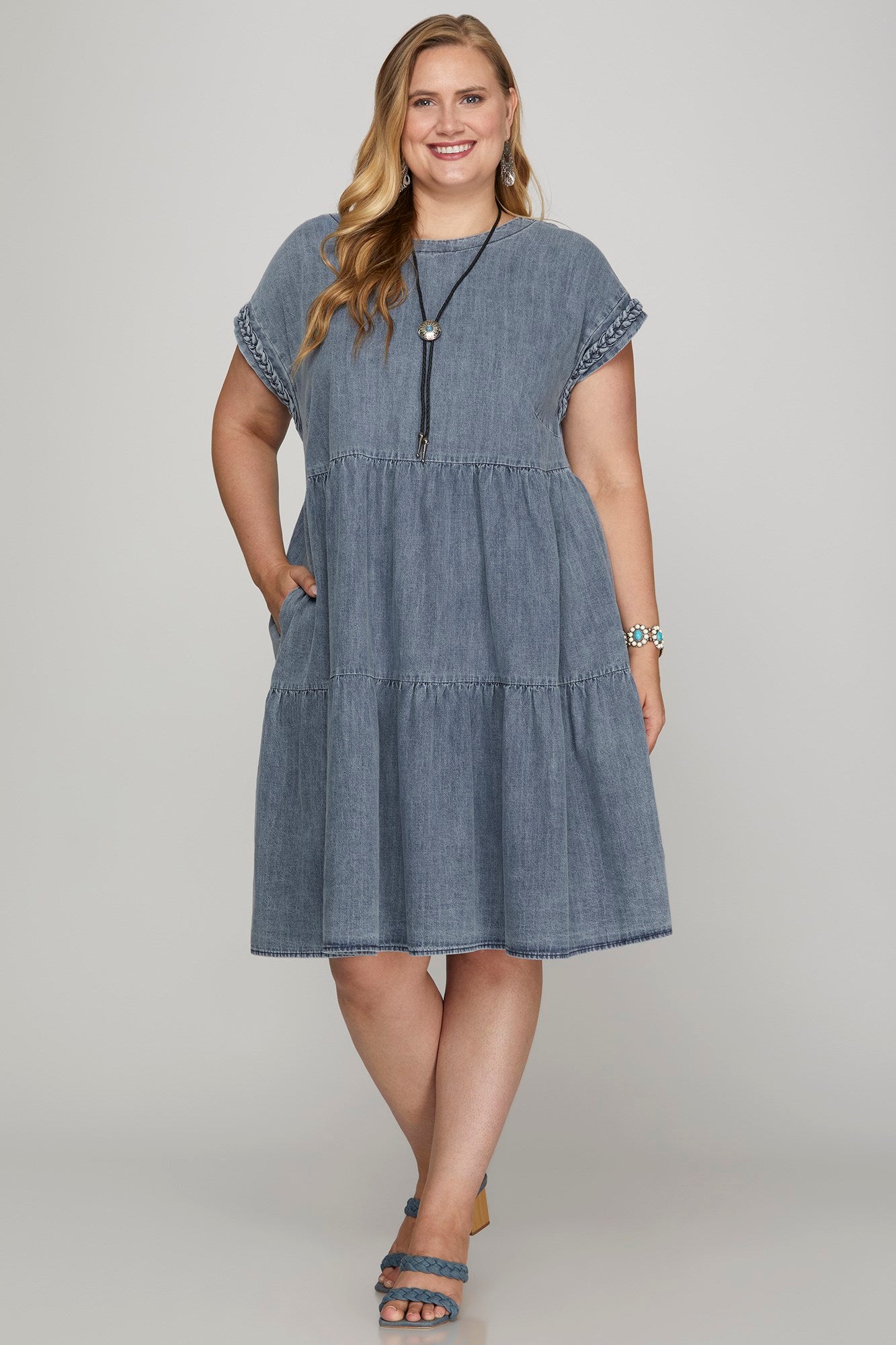 Cap Sleeve Braided Trim Tiered Denim Dress