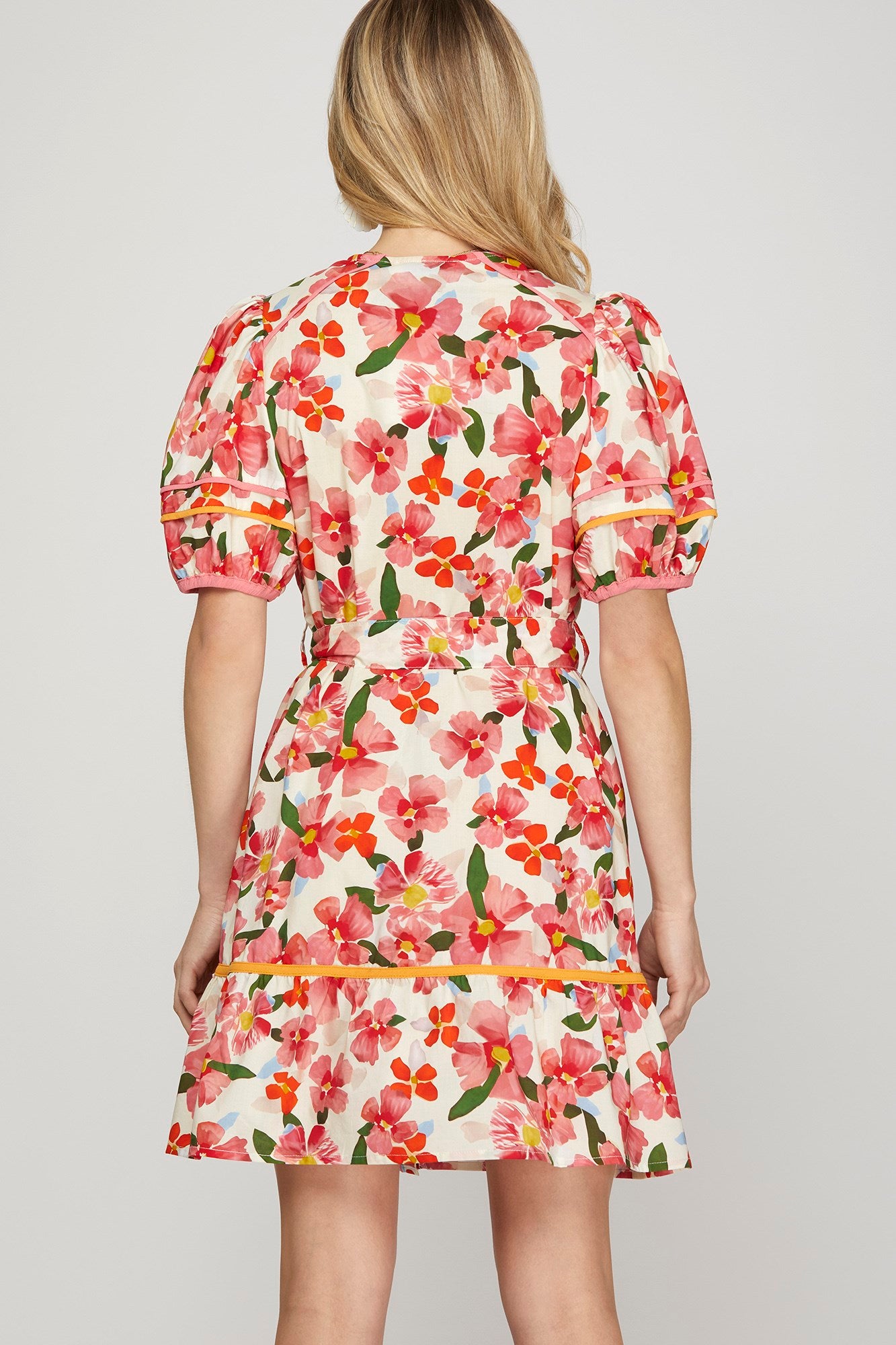 Floral Puff Sleeve Tie Waist Contrast Binding Dress