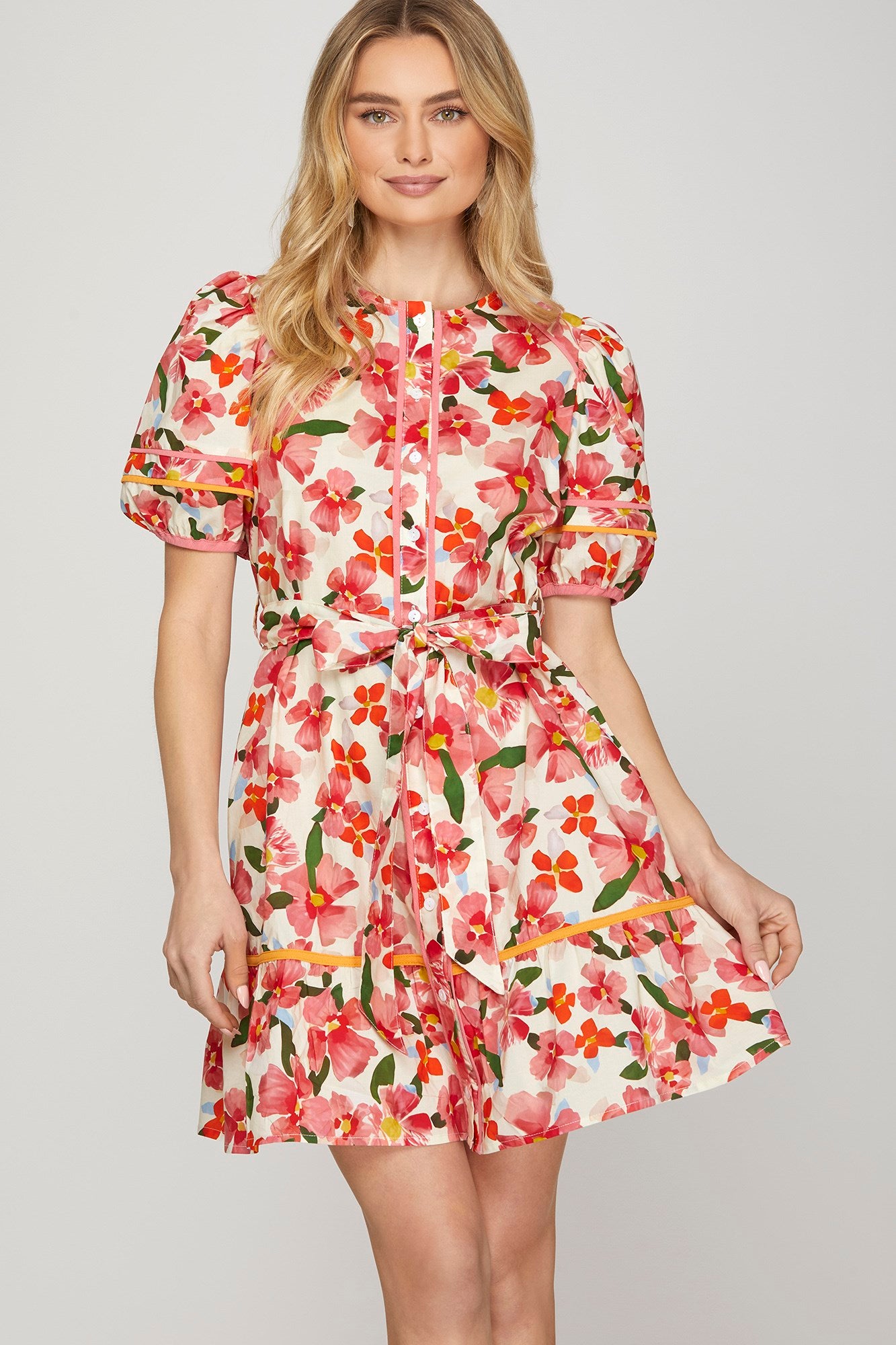 Floral Puff Sleeve Tie Waist Contrast Binding Dress