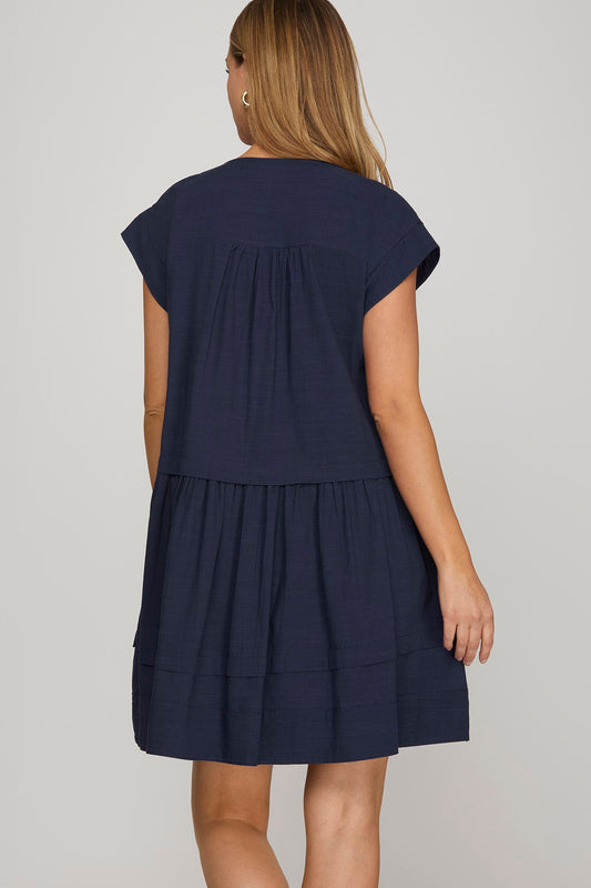 Solid Drop Shoulder Pintuck Dress-Navy