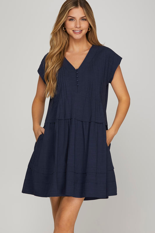 Solid Drop Shoulder Pintuck Dress-Navy