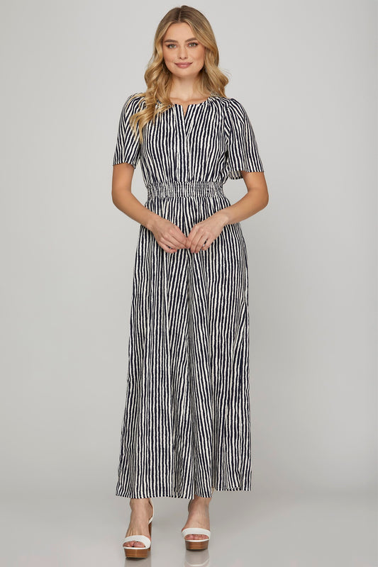 Striped Short Sleeve Gathered Waist Jumpsuit-Navy
